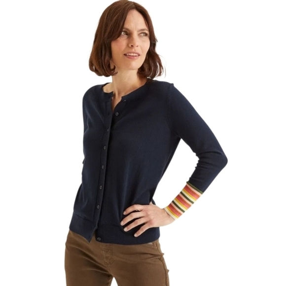 Boden Navy Cardigan with Multicolor Striped Cuffs Women's Size Xsmall - Picture 2 of 14